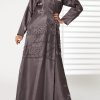MOIRR2383 Grey Rotana Shimmer Embroidered lapel Collar Open Abaya