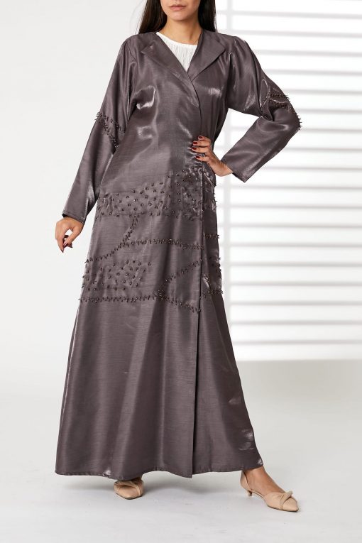 Grey  Rotana Shimmer Embroidered lapel Collar Open Abaya