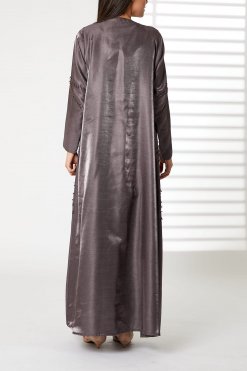 MOIRR2383 3 Grey Rotana Shimmer Embroidered lapel Collar Open Abaya