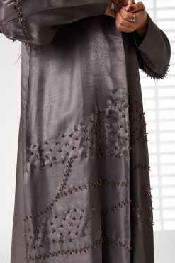 MOIRR2383 2 Grey Rotana Shimmer Embroidered lapel Collar Open Abaya