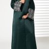 MOIRR2382 Green V-Neck Bridal Satin Split Cuffs Abaya