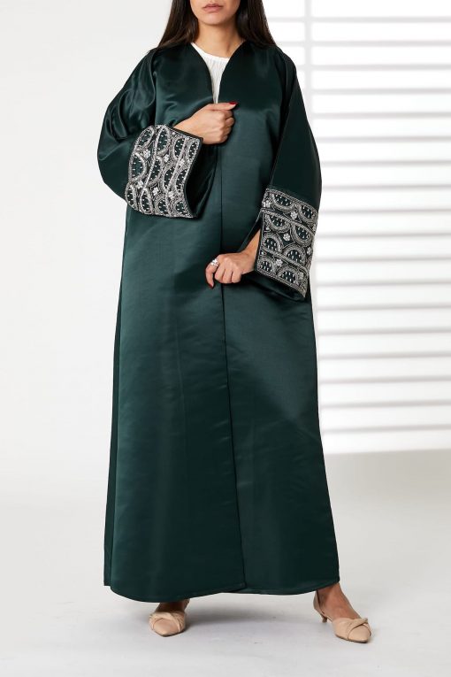 Green V-Neck Bridal Satin Split Cuffs Abaya