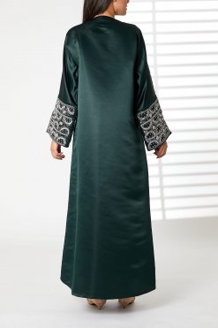 MOIRR2382 3 Green V-Neck Bridal Satin Split Cuffs Abaya