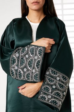 MOIRR2382 2 Green V-Neck Bridal Satin Split Cuffs Abaya
