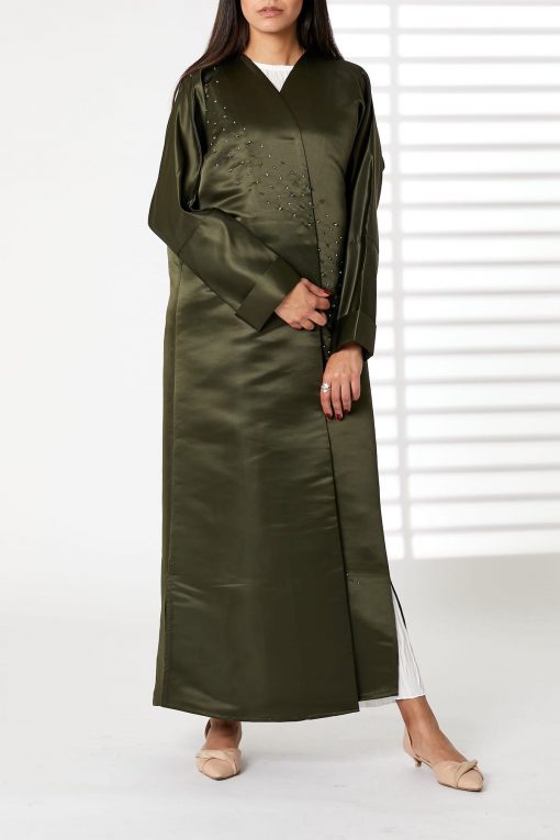 Green Bridal Satin V-Neck Bead Work Abaya