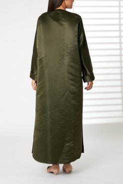 MOIRR2381 3 Green Bridal Satin V-Neck Bead Work Abaya