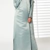 MOIRR2380 Greenish Cyan Bridal Satin V-Neck Bead Work Abaya