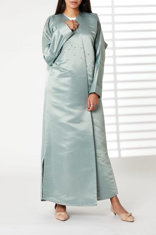 Greenish Cyan Bridal Satin V-Neck Bead Work Abaya