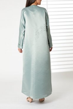 MOIRR2380 3 Greenish Cyan Bridal Satin V-Neck Bead Work Abaya