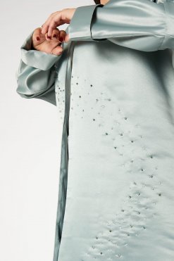 MOIRR2380 2 Greenish Cyan Bridal Satin V-Neck Bead Work Abaya