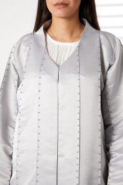 MOIRR2379 2 Grey Bridal Satin Thread Work Open Abaya