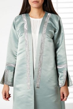MOIRR2378 2 Greenish Cyan Bridal Satin Abaya with Split Cuffs