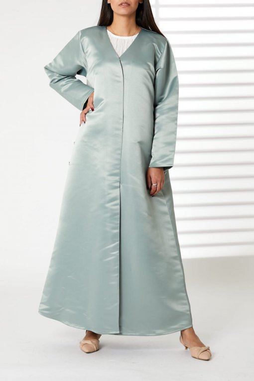 Greenish Cyan Bridal Satin Embroidered Abaya