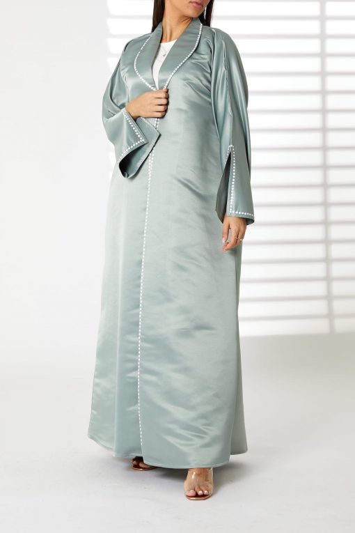 Greenish Cyan Bridal Satin Snap-button Embellished Abaya