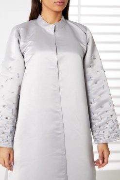 تطريز من الساتان باللون الأخضر على الأكمام مع ياقة مندرين MOIRR2375 2 Grey Bridal Satin Embroidery on sleeves With Mandarin Collar
