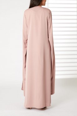 MOIRR2373 3 Pink Round Neck Nida Split Cuffs Embroidered Abaya