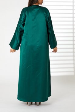 MOIRR2371 3 Green Bridal Satin Abaya with Styled Stitching and Buttons