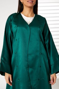 MOIRR2371 2 Green Bridal Satin Abaya with Styled Stitching and Buttons