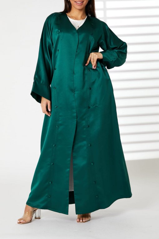 Green Bridal Satin Abaya with  Styled Stitching and Buttons