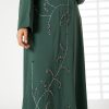 MOIRR2370 2 Green Nida Embroidered Abaya with Lapel Collar
