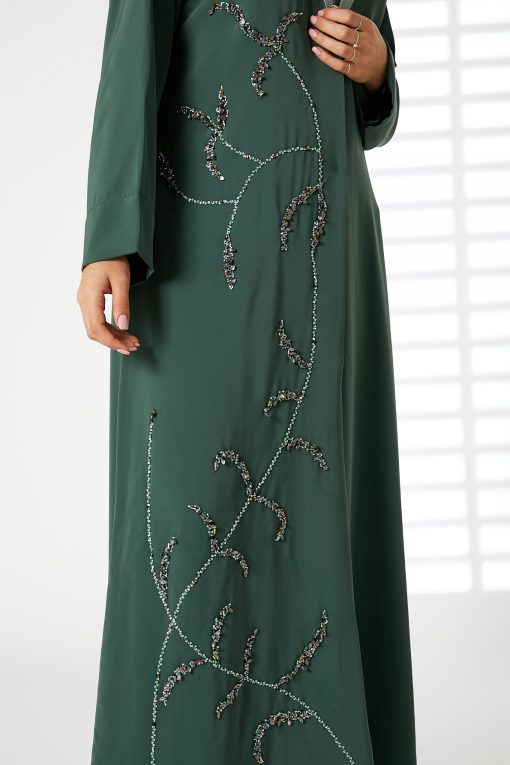Green Nida  Embroidered Abaya with Lapel Collar
