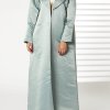 MOIRR2368 Lapel Collar Greenish Cyan Bridal Satin Embroidered Abaya