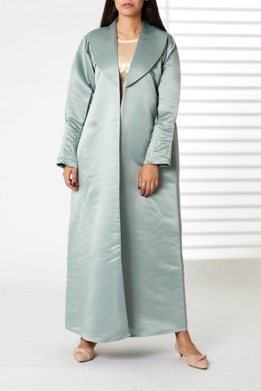 Lapel Collar Greenish Cyan Bridal Satin  Embroidered Abaya