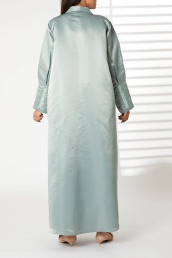 MOIRR2368 3 Lapel Collar Greenish Cyan Bridal Satin Embroidered Abaya