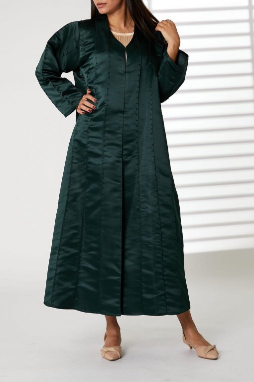 Green Bridal Satin Thread Work Open Abaya