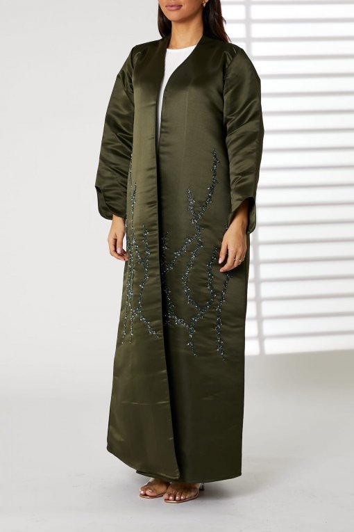 Green Bridal Satin Embroidered Open Abaya