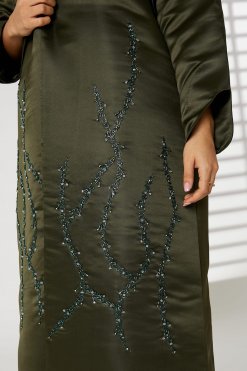 MOIRR2365 2 Green Bridal Satin Embroidered Open Abaya