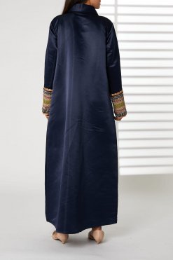 MOIRR2341 3 Navy Lapel Collar Bridal Satin Pocket Abaya