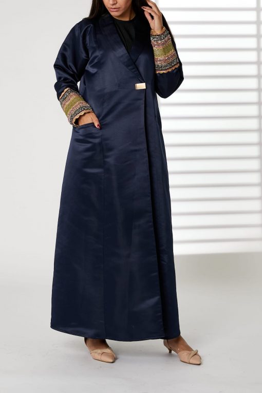 Navy Lapel Collar  Bridal Satin Pocket Abaya