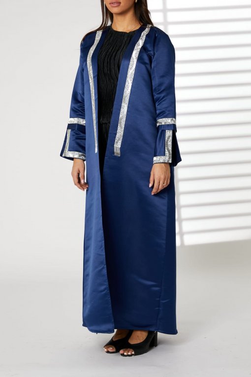 Navy Bridal Satin Abaya with Split Cuffs
