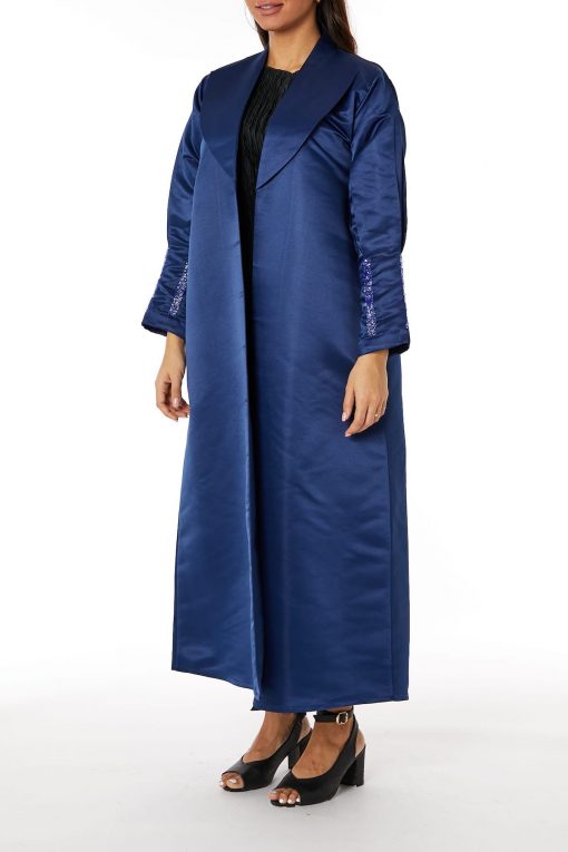Lapel Collar Navy Bridal Satin  Embroidered Abaya