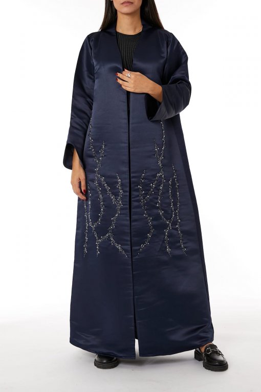 Navy Bridal Satin Embroidered Open Abaya