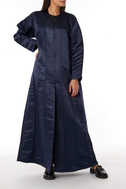 Navy Bridal Satin Thread Work Open Abaya