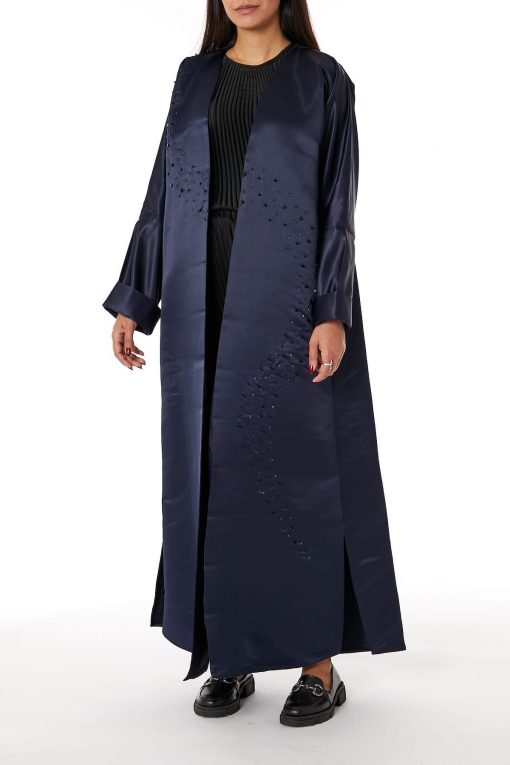 Navy Bridal Satin Embellished Open Abaya