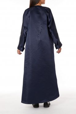 MOIRR2334 3 Navy Bridal Satin Embellished Open Abaya