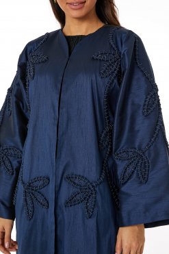 MOIRR2333 2 Navy Harir Hindi Embroidered Open Abaya