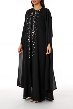 Black Round Neck Nida  Split Cuffs Embroidered Abaya