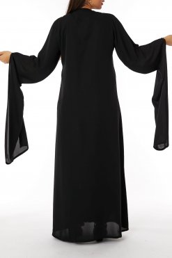 MOIRR2331 3 Black Round Neck Nida Split Cuffs Embroidered Abaya