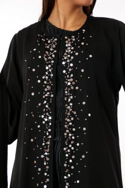 MOIRR2331 2 Black Round Neck Nida Split Cuffs Embroidered Abaya