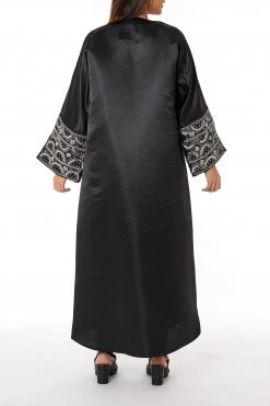 MOIRR2329 3 Black V-Neck Bridal Satin Split Cuffs Abaya