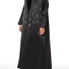 عباية زفاف مطرزة بياقة طية صدر السترة باللون الأسود 8 MOIRR2328 Black Lapel Collar Bridal Satin Embroidered Abaya