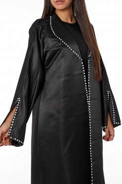 MOIRR2323 2 Black Bridal Satin Snap-button Embellished Abaya