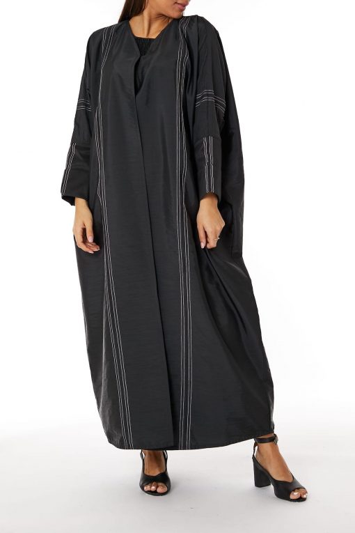 Black V-Neck Taffeta Abaya with white Thread Work