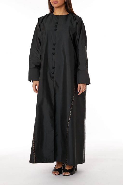 Black Taffeta Round Neck Embroidered Abaya