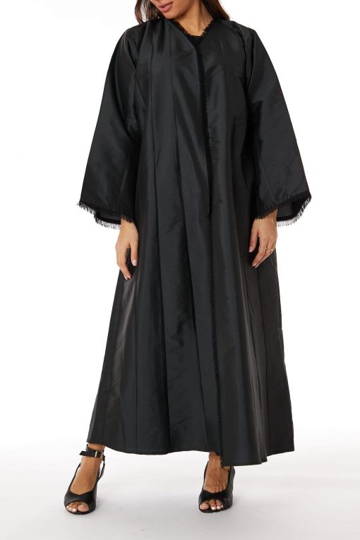 Black Taffeta Open Abaya with Lace