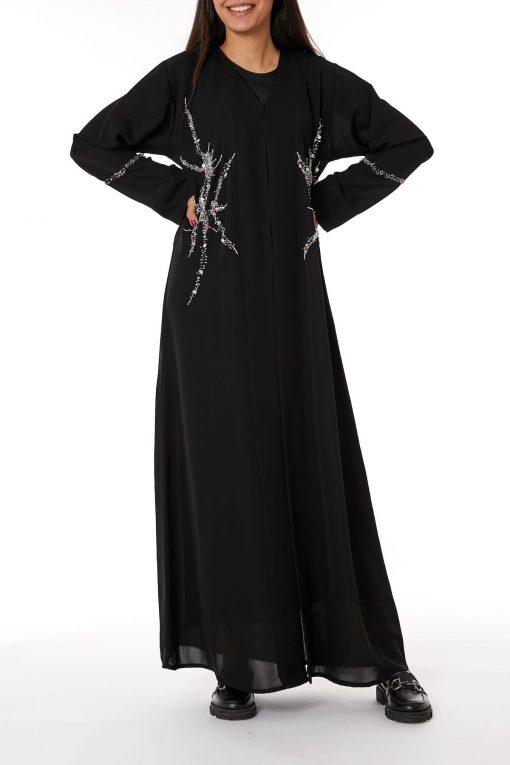 Black Nida Embroidered V-Neck Open Abaya